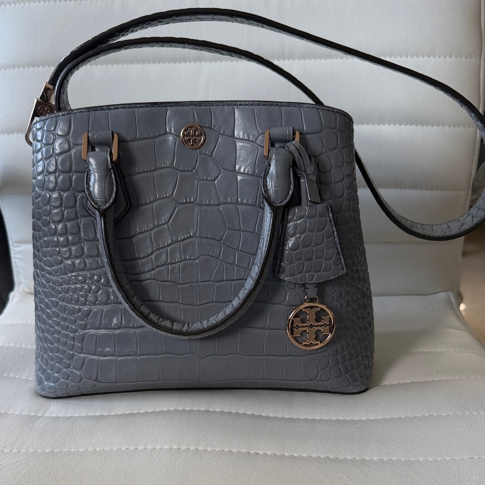 Tory Burch Gray Croc-Embossed Satchel with Gold Hardware